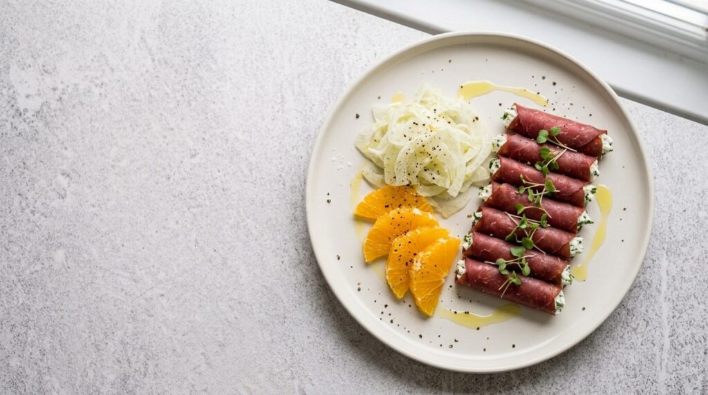 Involtini di bresaola con ricotta alle erbe, finocchio e arancia