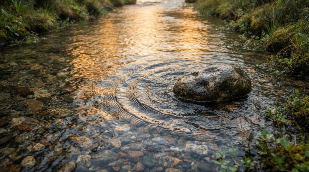 Pietra immobile al centro di un fiume che scorre, metafora del distacco e della fine della sofferenza secondo il Buddha