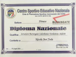 Attestato Diploma Nazionale Istruttore Burningate Calisthenics Evolution Skills