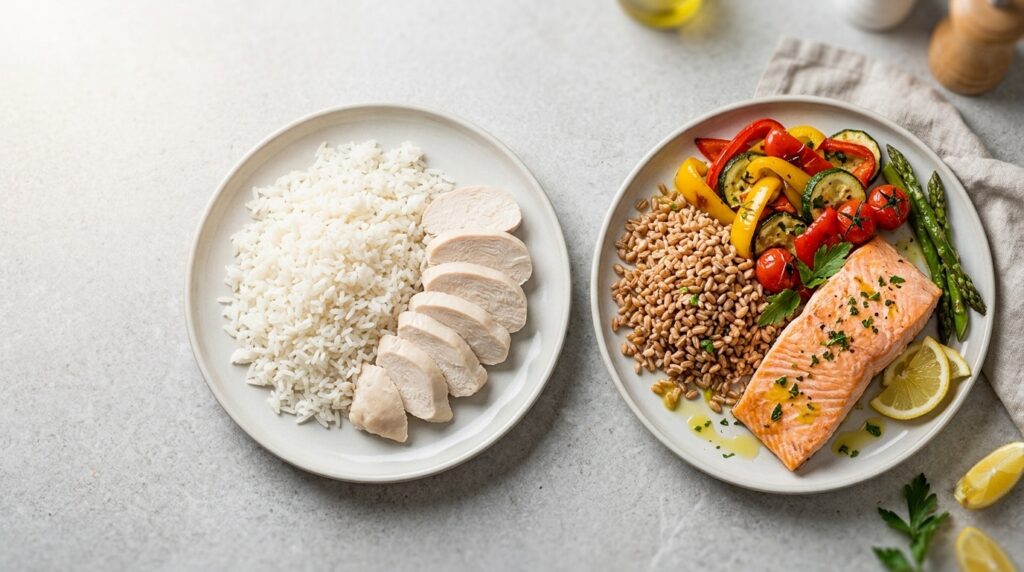 Confronto tra il piatto monotono riso e pollo e un pasto vario ed equilibrato