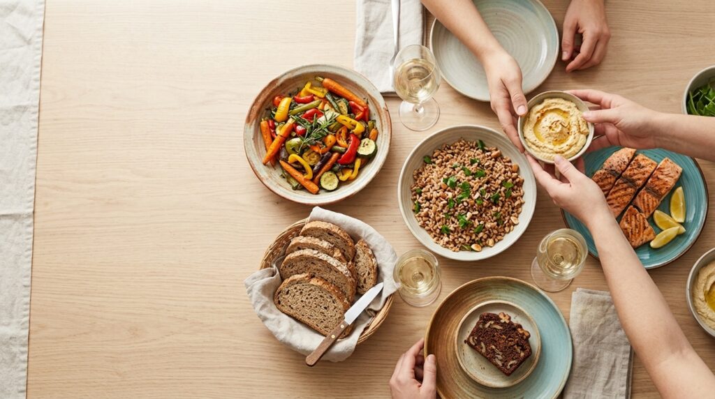 Dieta senza privazioni: tavola conviviale con piatti vari ed equilibrio tra alimentazione sana e piacere