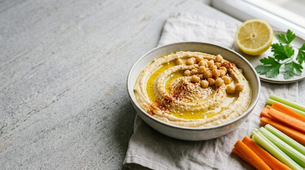 Hummus di ceci speziato con verdure crude a bastoncino