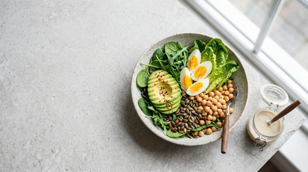 Insalatona completa con avocado, uovo sodo, ceci e semi, l'opposto dell'insalata scondita