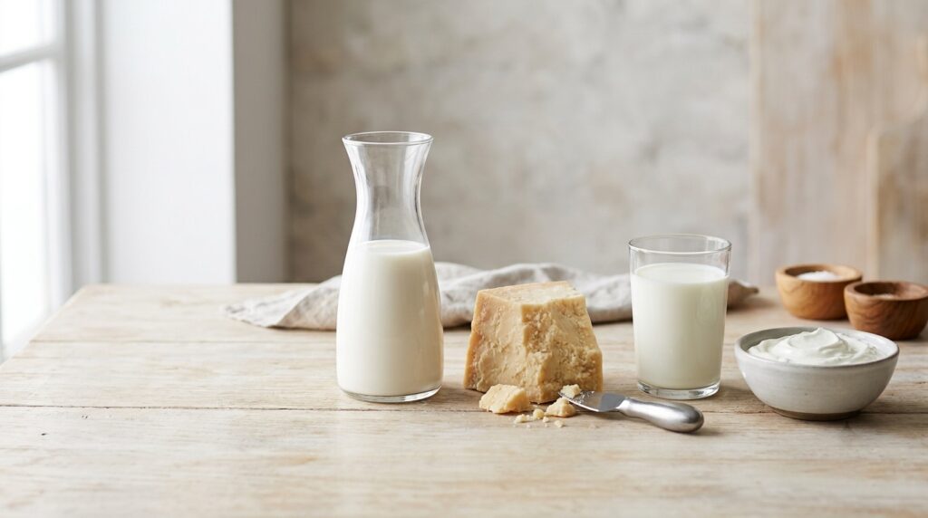 Intolleranza al lattosio: latte, yogurt, formaggio stagionato e bevanda vegetale a confronto