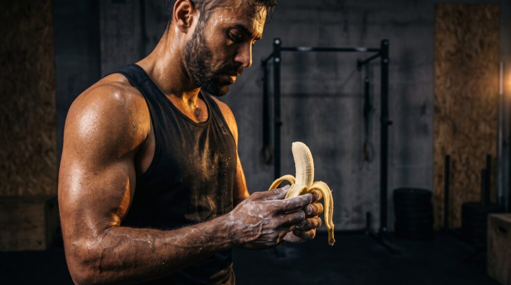 Ipoglicemia reattiva: atleta con banana prima di un allenamento ad alta intensità