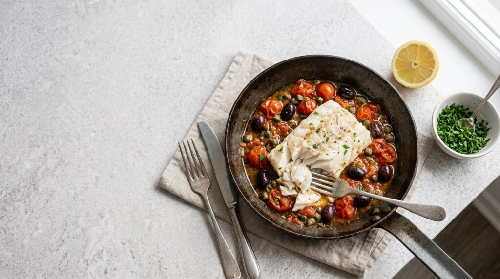 Filetto di merluzzo morbido cotto in umido con pomodorini e olive