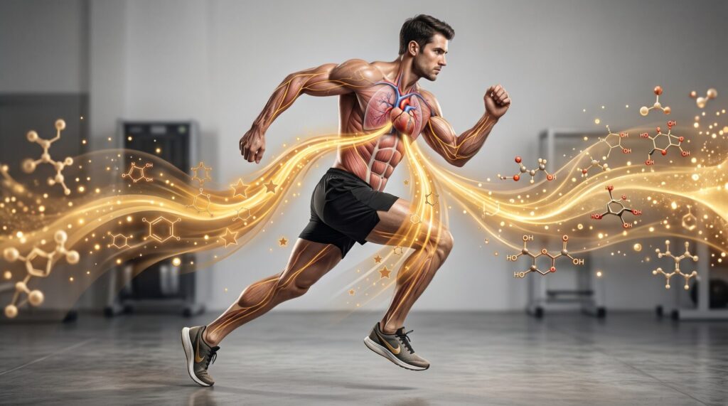 Illustrazione del metabolismo energetico muscolare durante l'esercizio fisico, con flussi di energia.