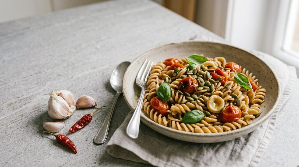 Pasta in bianco rivisitata: pasta integrale con pomodorini, basilico e semi di zucca