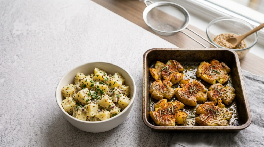 Patate schiacciate croccanti al forno e insalata di patate condita