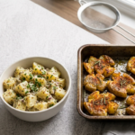 Patate schiacciate croccanti al forno e insalata di patate condita