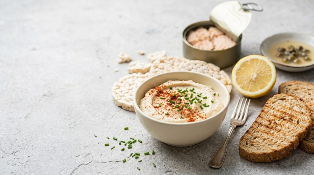 Paté di tonno in scatola cremoso servito con gallette e pane integrale