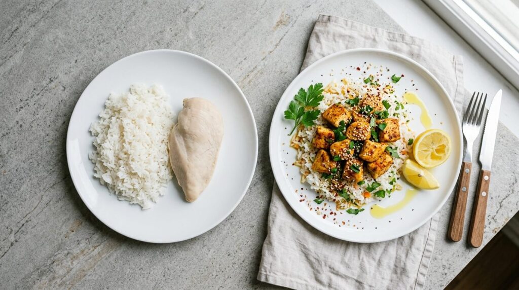 Confronto tra piatti fitness insipidi e la loro versione resa appetitosa