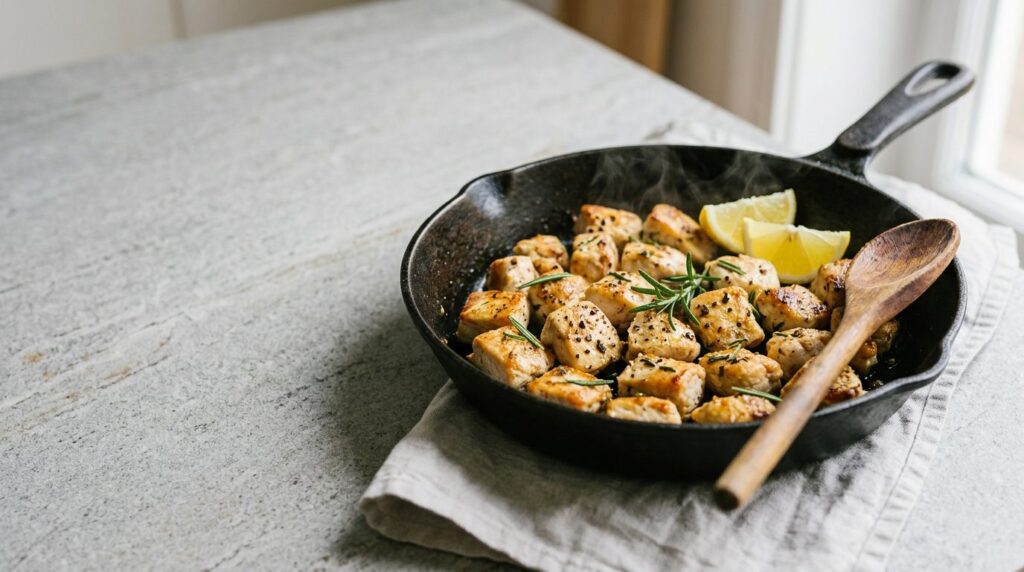Alternativa al pollo bollito: cubetti di pollo dorati in padella con limone e rosmarino