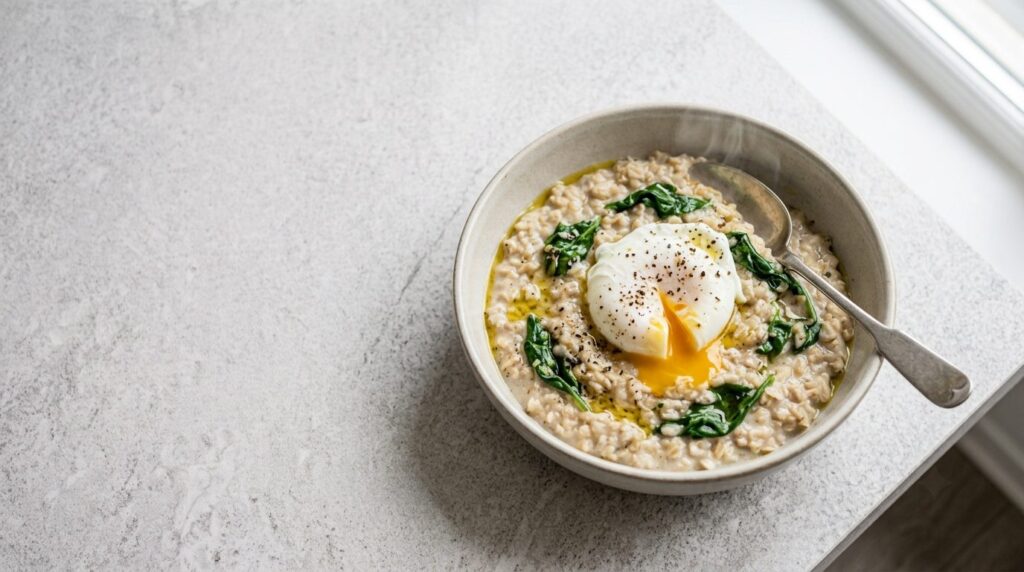 Porridge d'avena salato con uovo in camicia e spinaci