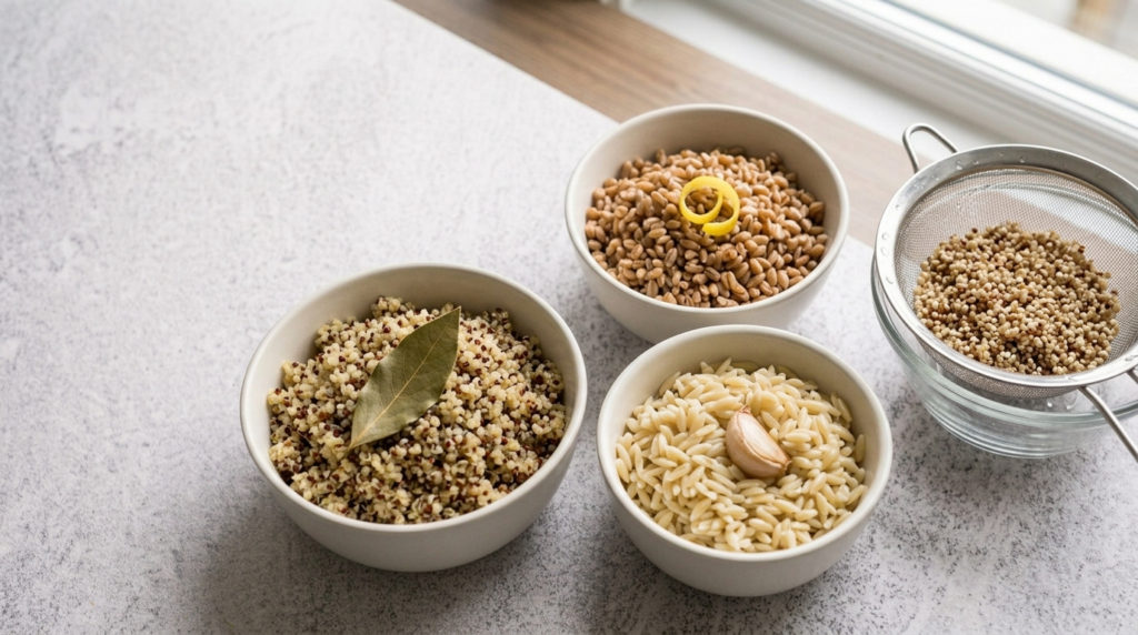 Quinoa, farro e orzo cotti in brodo con aromatici