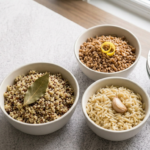 Quinoa, farro e orzo cotti in brodo con aromatici