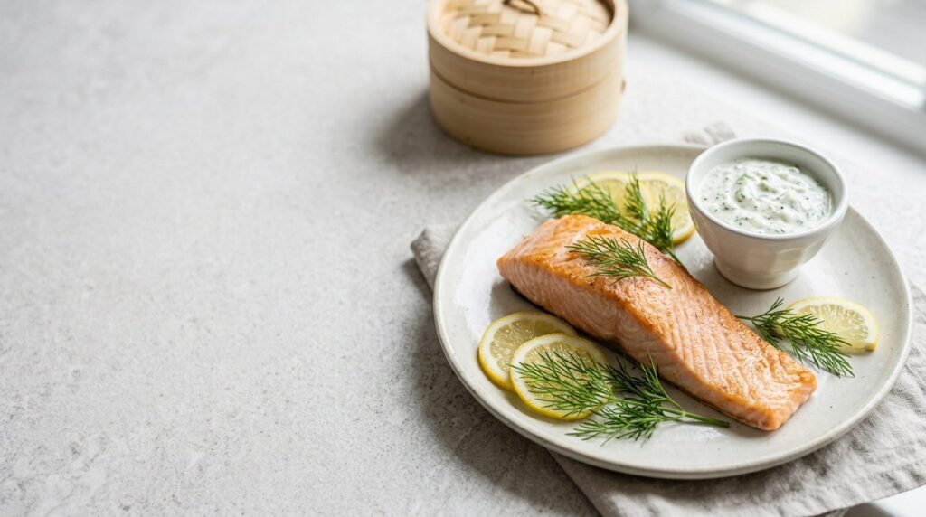 Filetto di salmone al vapore con limone, aneto e salsa allo yogurt