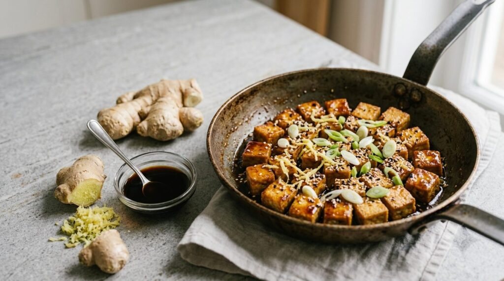 Cubetti di tofu marinato allo zenzero dorati in padella, il rimedio al tofu insipido