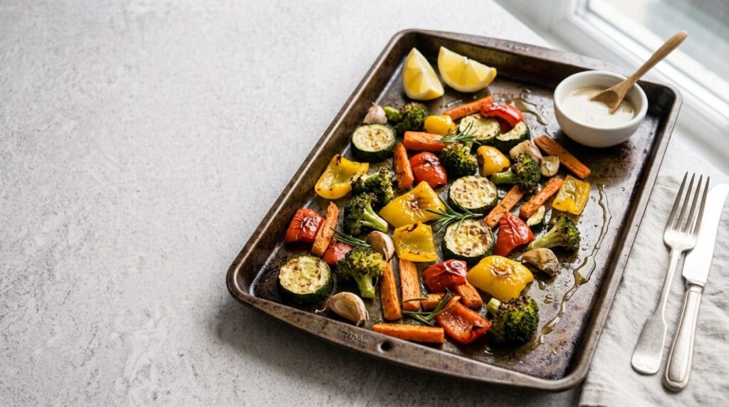 Verdure miste arrostite al forno con bordi dorati e croccanti