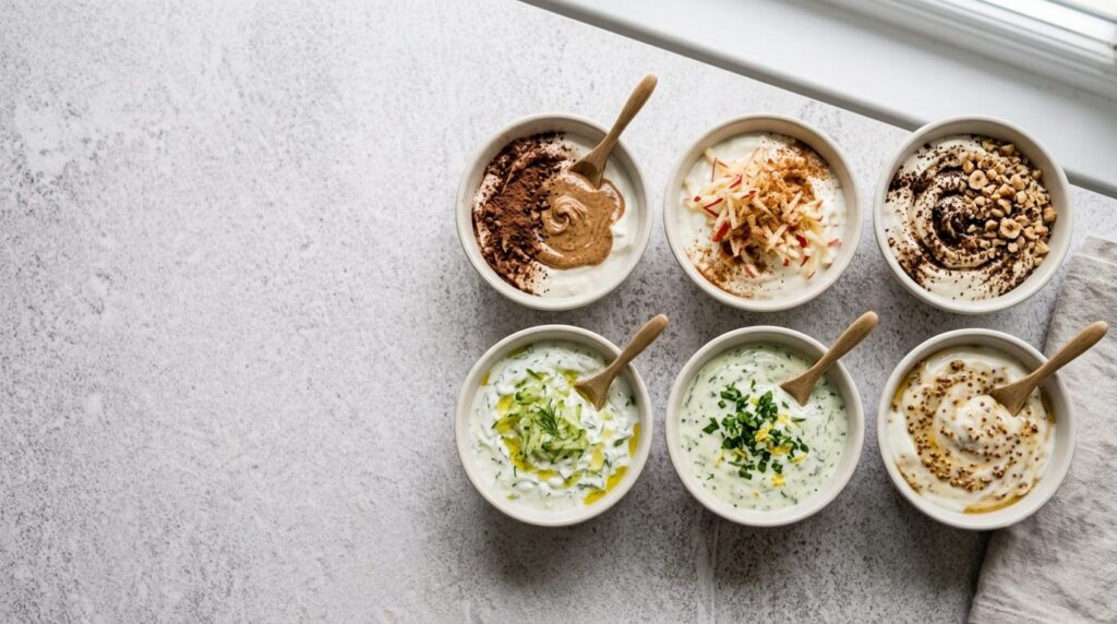 Sei abbinamenti diversi con yogurt greco al naturale, dolci e salati