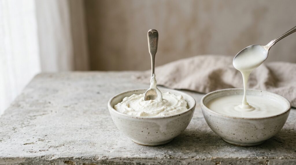 Confronto di consistenza tra yogurt greco denso e yogurt bianco fluido