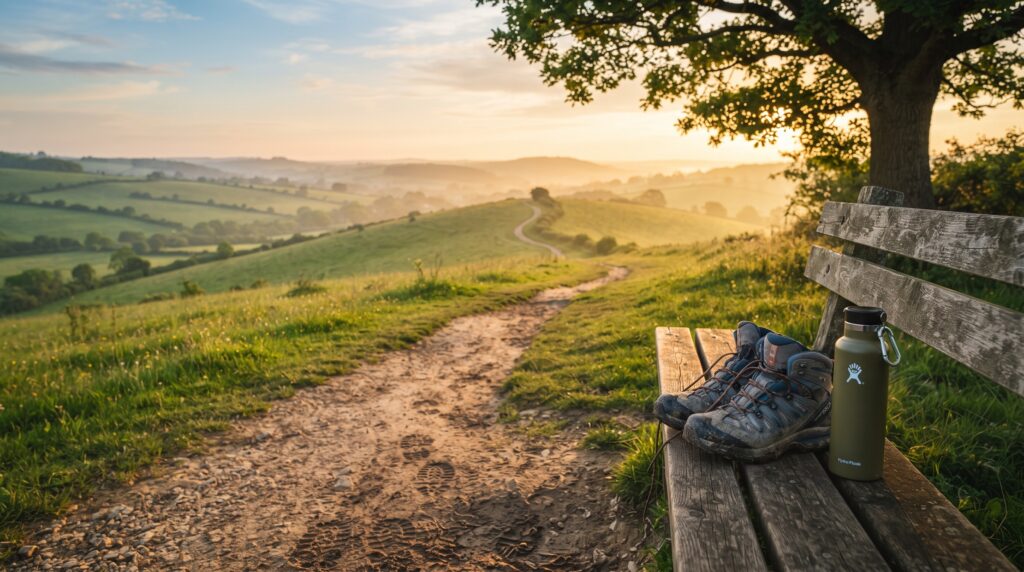 Sentiero di campagna all'alba con scarpe da camminata su una panchina, simbolo del legame tra attività fisica e longevità