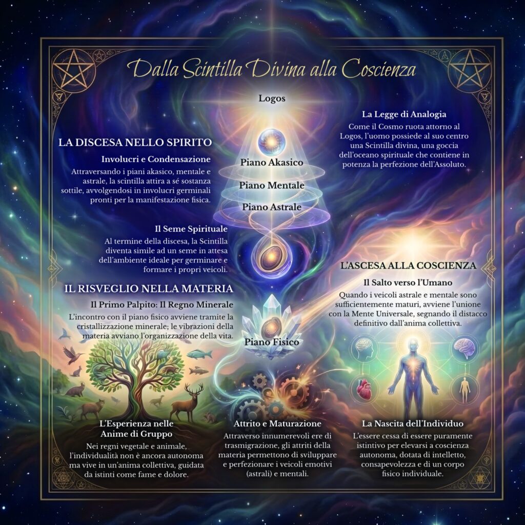 Infografica sulla Scintilla Divina nel Cerchio Firenze 77: la discesa nella materia, il regno minerale, le anime gruppo e la nascita dell’individuo