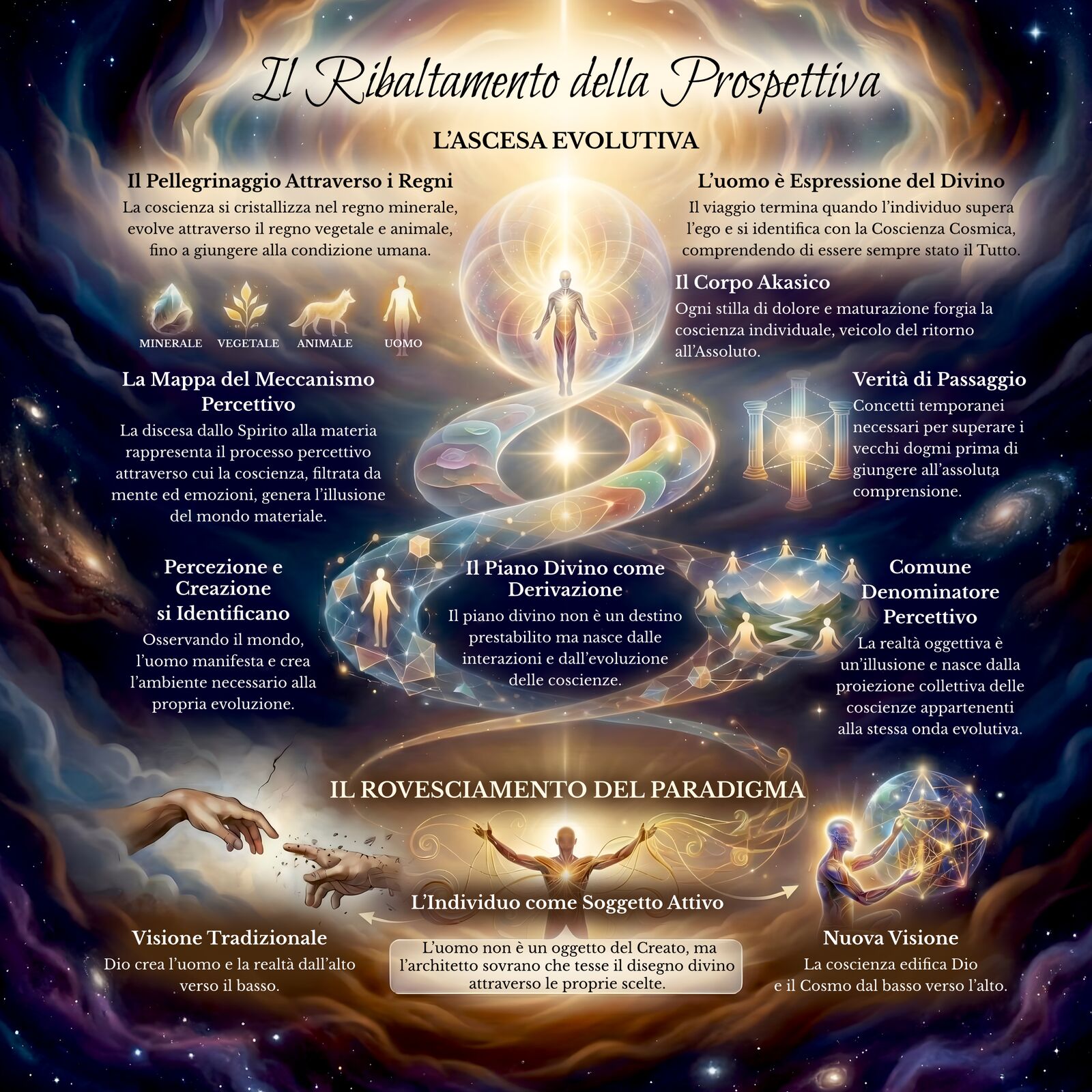 Infografica sul ribaltamento della prospettiva nel Cerchio Firenze 77: l’ascesa evolutiva della coscienza dai regni minerale, vegetale e animale fino all’uomo, e il rovesciamento del paradigma dalla visione tradizionale (Dio crea dall’alto verso il basso) alla nuova visione (la coscienza edifica il Cosmo dal basso verso l’alto)