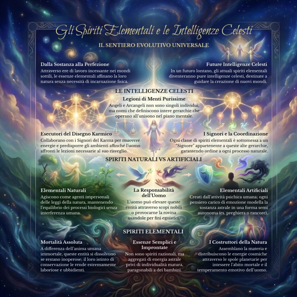 Infografica sugli spiriti elementali nel Cerchio Firenze 77: esseri semplici, elementali artificiali, Intelligenze Celesti e Signori del Karma