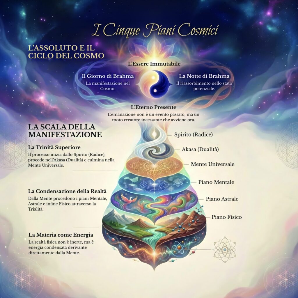 Infografica sui cinque piani cosmici del Cerchio Firenze 77: dall’Assoluto e dal ciclo del Cosmo a Spirito, Akasa, piano mentale, astrale e fisico