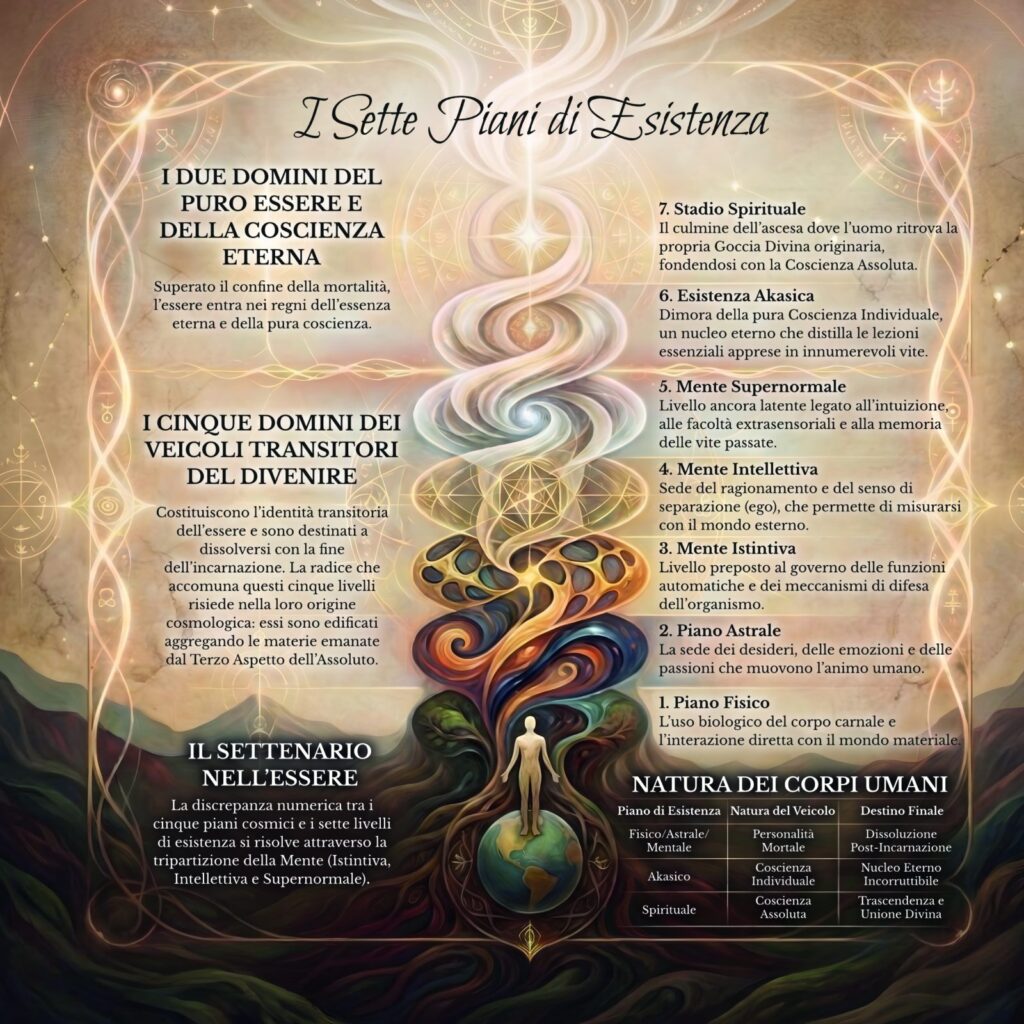 Infografica sui sette piani di esistenza nel Cerchio Firenze 77: dal piano fisico, astrale e mentale fino ai piani akasico e spirituale