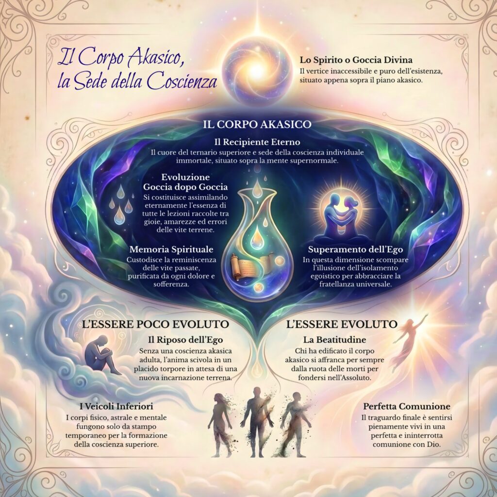 Infografica sul corpo akasico nel Cerchio Firenze 77: la pellicola della coscienza, la fusione a cera persa e il riposo dell’ego