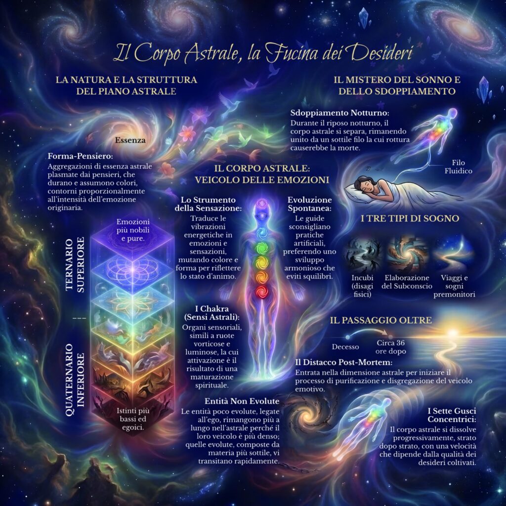 Infografica sul corpo astrale nel Cerchio Firenze 77: la fucina dei desideri, le forme pensiero, i chakra e i tre canali dei sogni