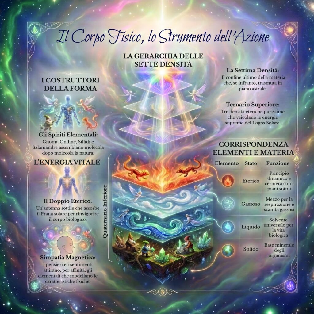 Infografica sul corpo fisico nel Cerchio Firenze 77: le sette densità, il corpo eterico, il prana solare e gli spiriti elementali