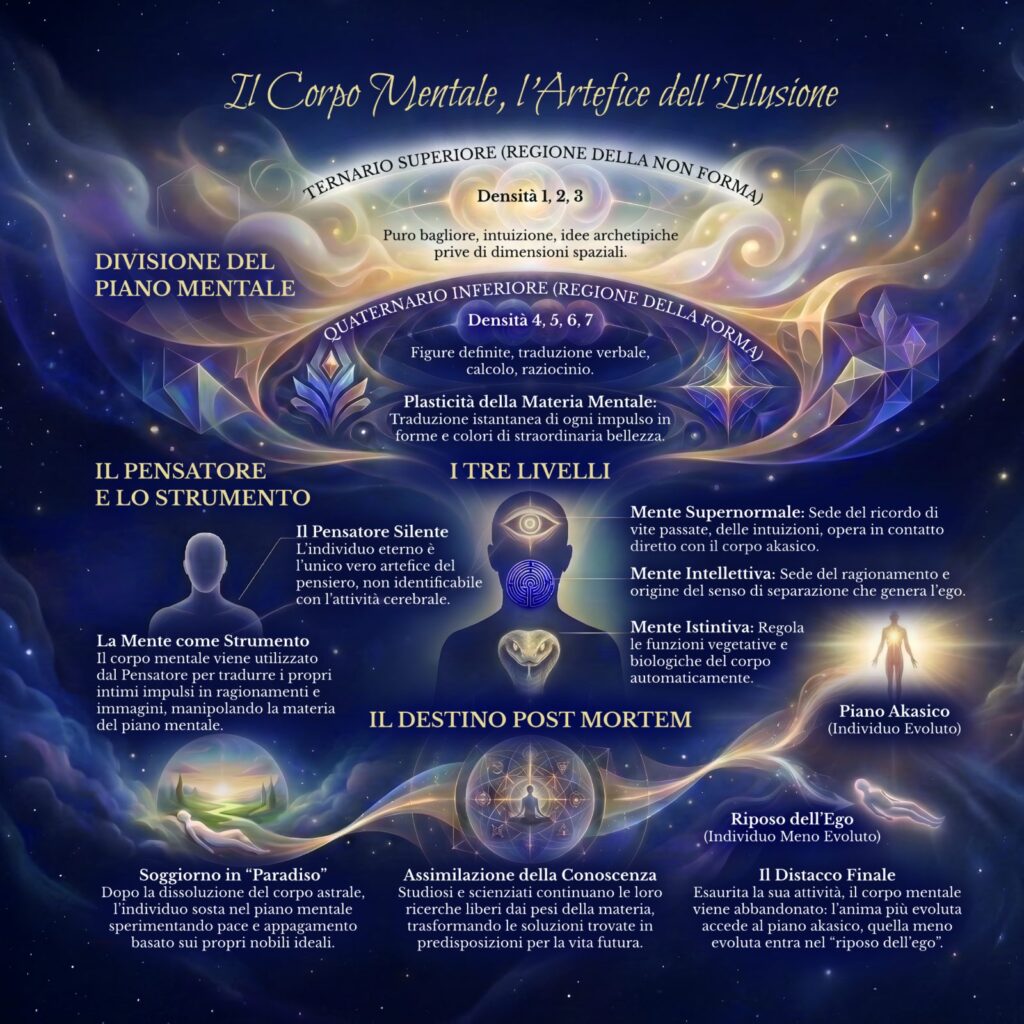 Infografica sul corpo mentale nel Cerchio Firenze 77: Regione della Forma, Regione della non Forma, i tre strati della mente e il pensatore silente