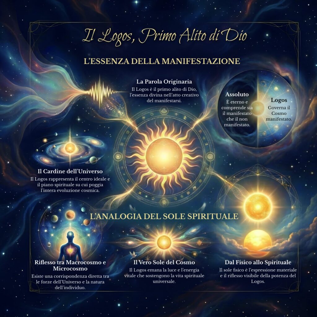 Infografica sul Logos, primo alito di Dio, nel Cerchio Firenze 77: la parola originaria, il cardine dell’universo e l’analogia del sole spirituale