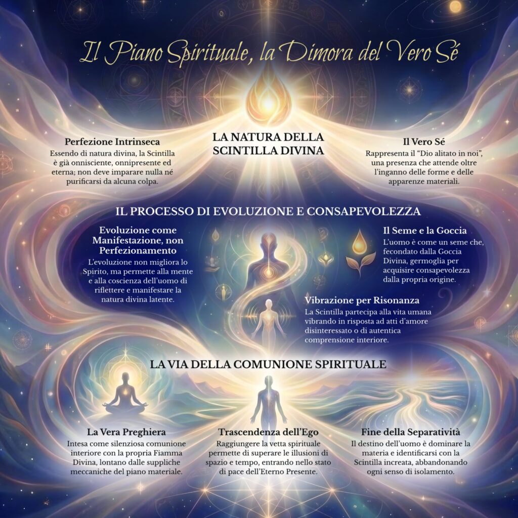 Infografica sul piano spirituale nel Cerchio Firenze 77: la Scintilla Divina, il diapason di cristallo e il seme che germoglia