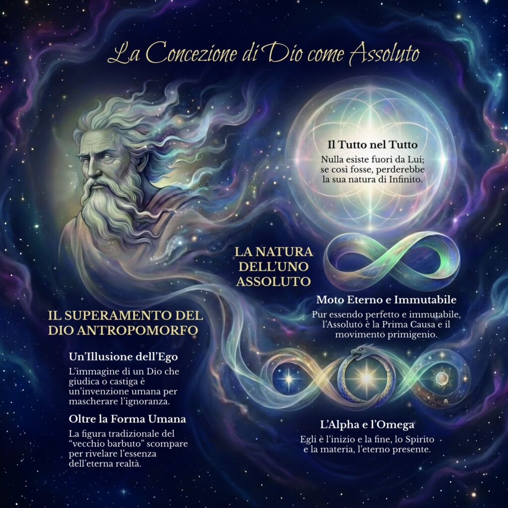 Infografica sulla concezione di Dio come Assoluto nel Cerchio Firenze 77: il superamento del Dio antropomorfo, il Tutto nel Tutto, il moto eterno e immutabile, l’Alpha e l’Omega