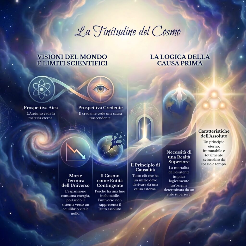 Infografica sulla finitudine del Cosmo nel Cerchio Firenze 77: espansione, morte termica, batteria che si scarica e Causa Prima