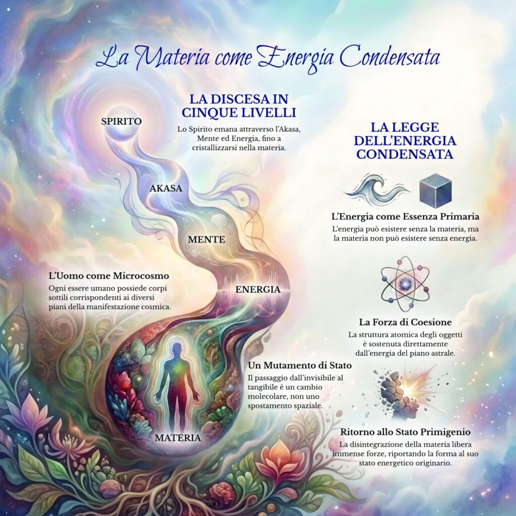 Infografica sulla materia come energia condensata nel Cerchio Firenze 77: la cascata cosmica dallo Spirito alla materia fisica