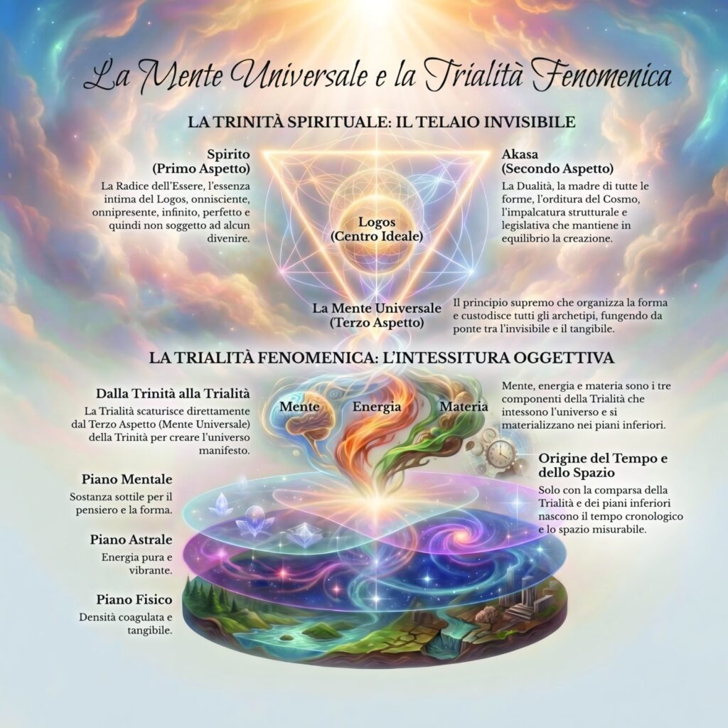 Infografica sulla Mente Universale e la Trialità fenomenica nel Cerchio Firenze 77: dal progetto al cantiere, i cinque piani compenetrati e la palestra del tempo