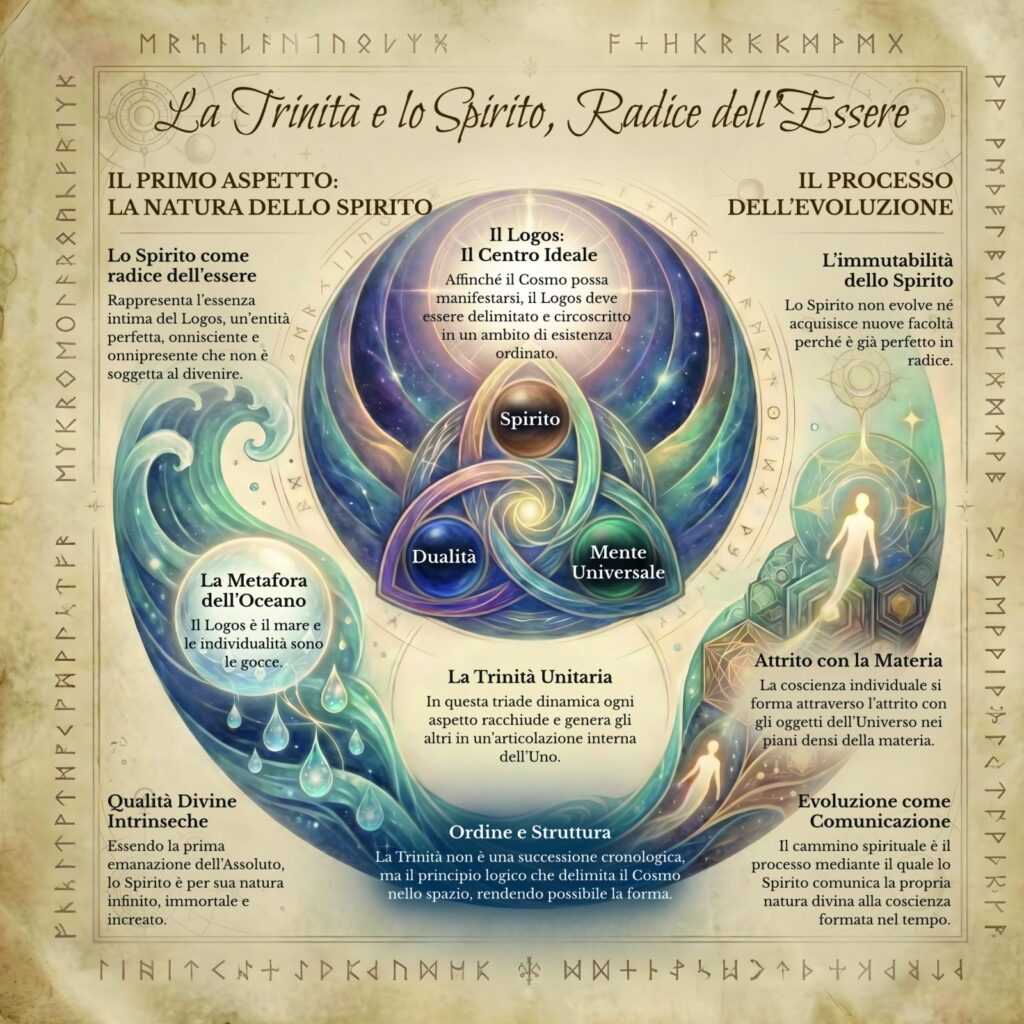 Infografica sulla Trinità e lo Spirito radice dell’essere nel Cerchio Firenze 77: i tre aspetti, la Scintilla come ologramma e la lente della coscienza