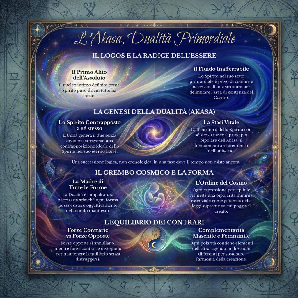 Infografica sull’Akasa dualità primordiale nel Cerchio Firenze 77: la stasi vitale, il codice binario del Cosmo e le forze contrarie