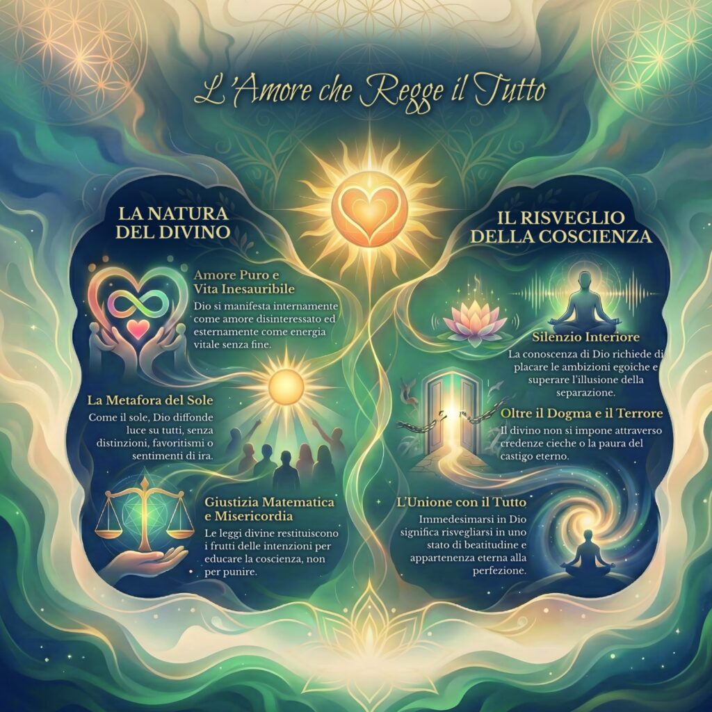 Infografica sull’Amore che regge il Tutto nel Cerchio Firenze 77: la natura del Divino, la metafora del sole, la giustizia matematica e il risveglio della coscienza