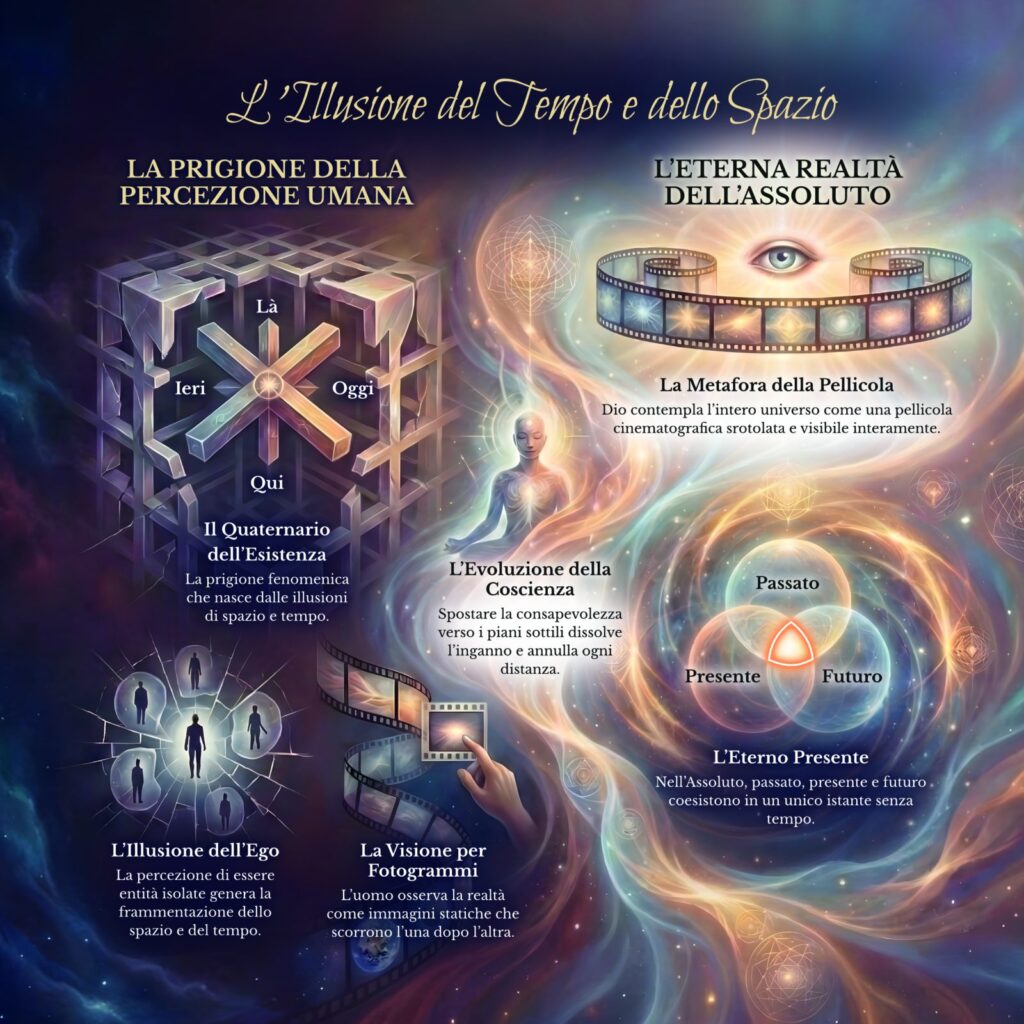 Infografica sull’illusione del tempo e dello spazio nel Cerchio Firenze 77: la croce, l’occhio di bue dell’ego e la pellicola dell’Eterno Presente