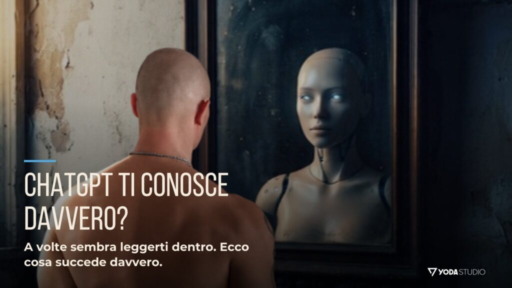 ChatGPT come specchio: Nicola Yoda di spalle davanti a uno specchio con un manichino riflesso