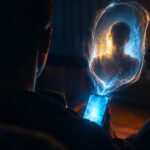 Persona al buio davanti a uno smartphone che riflette la sua immagine come uno specchio: ChatGPT come specchio di sé stessi