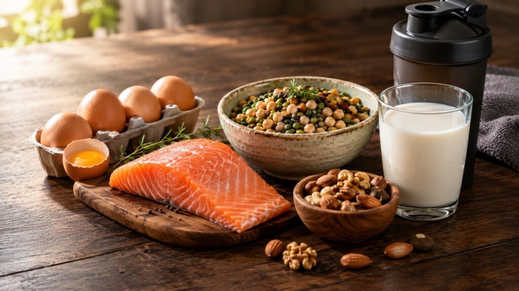 Uova, salmone, legumi, frutta secca e latte su un tavolo di legno: le fonti per coprire il fabbisogno proteico nello sport