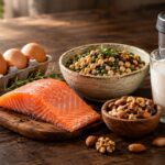 Uova, salmone, legumi, frutta secca e latte su un tavolo di legno: le fonti per coprire il fabbisogno proteico nello sport