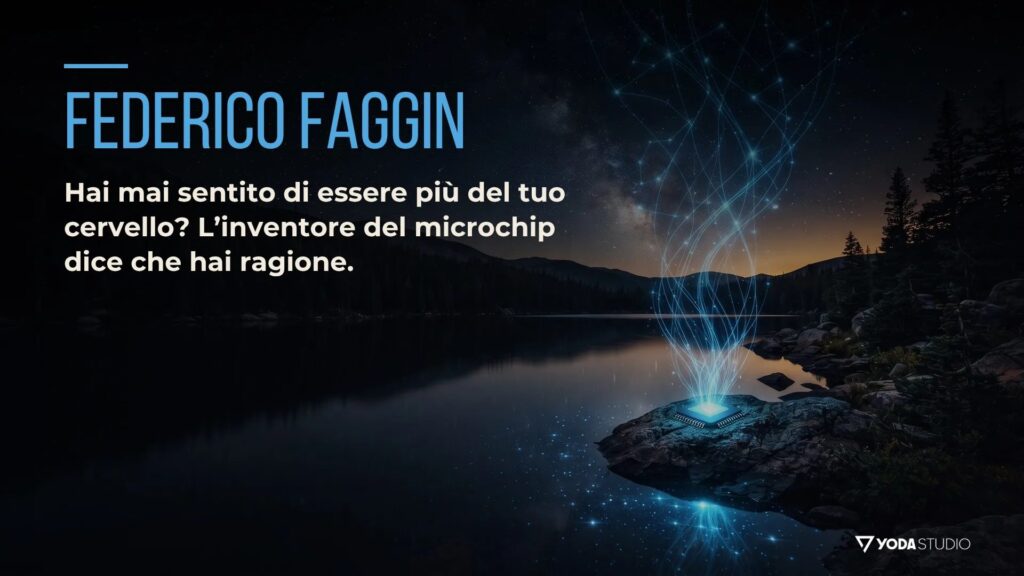 Federico Faggin coscienza: lago notturno con un microchip che si scioglie in luce